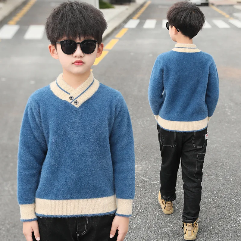 2019 г. Зимние Синие темно серые шерстяные свитера для детей пуловеры с длинными