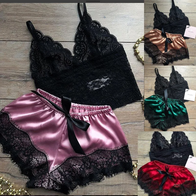 Женский кружевной топ с цветочным рисунком атласное нижнее белье шорты комплект