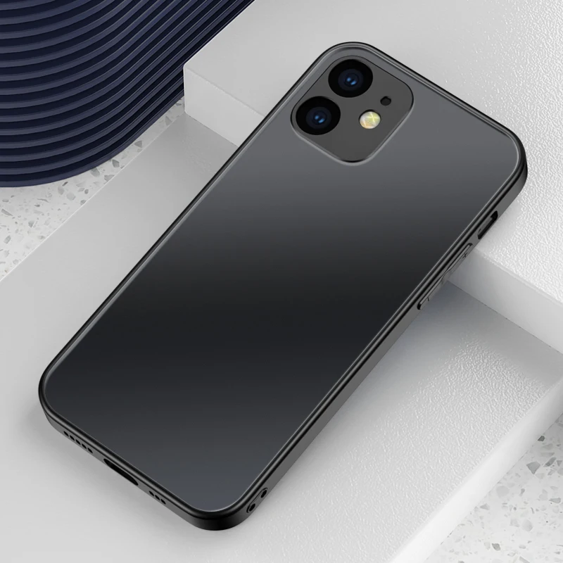 

Luxury Temper Glass Back Cover Phone Case for iPhone 11 12 Mini Pro X XR XS Max Soft Silicone Edge Anti Fall Fingerprint Scratch