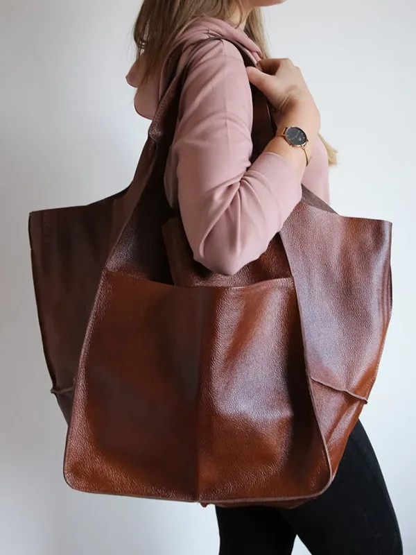 Oversized Soft Leather Big Tote Bags for Women European VIP Fashion Casual Brown Shopper Handbags Luxury Designer Shoulder Bag
