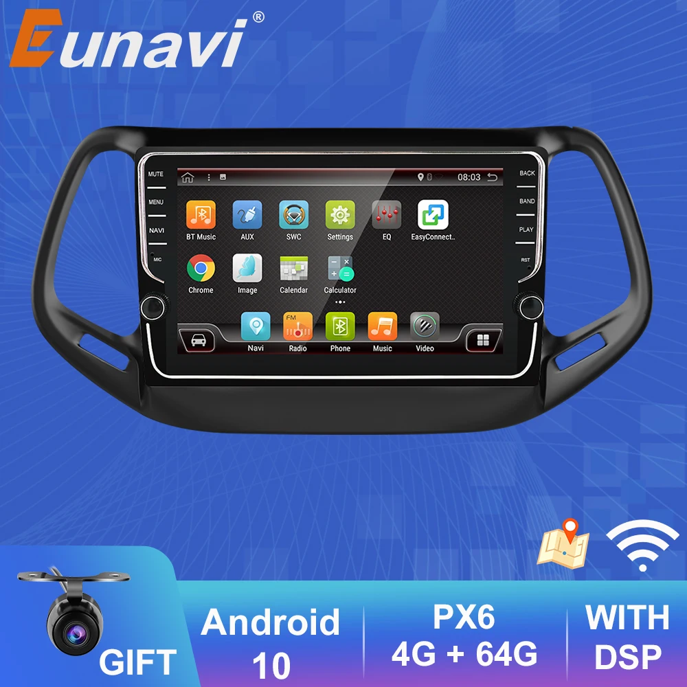 

Автомагнитола Eunavi, 2 Din, Android 10, мультимедийный плеер для Jeep Compass 2017, GPS-навигация, автомагнитола, 9-дюймовый HD экран, DSP 6G 128G
