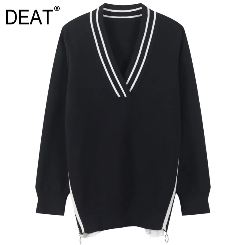 DEAT 2020 new winter fashion arrivals women clothes striped V-neck full sleeves contrast colors pullover knitting sweater WK1190 |