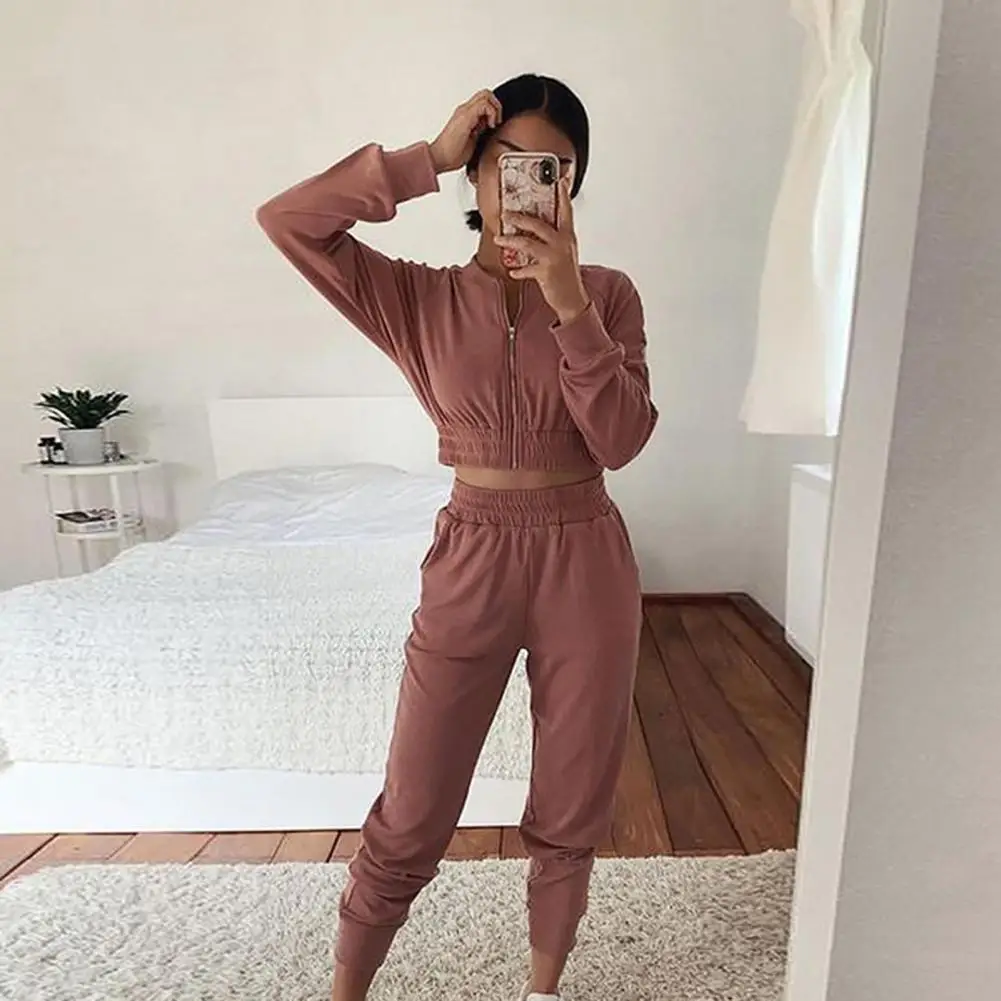 

Leisure Suit Zipper Long Sleeve Two Piece Set Short Top Long Pants Sport Suit for Spring