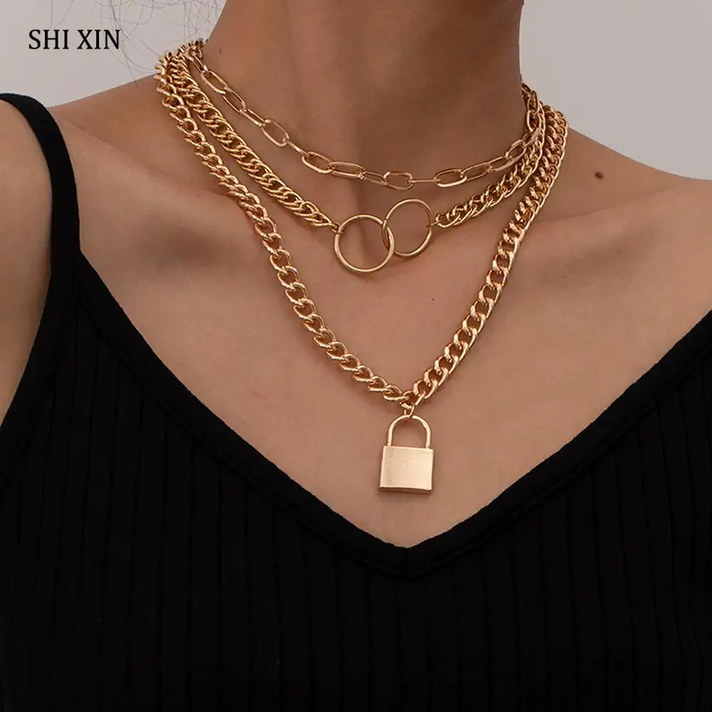 

SHIXIN 3 Pce/Set Chunky Choker Colar Chain With Lock Pendant Necklace for Women Layered Fashion Padlock Necklace on Neck Jewelry