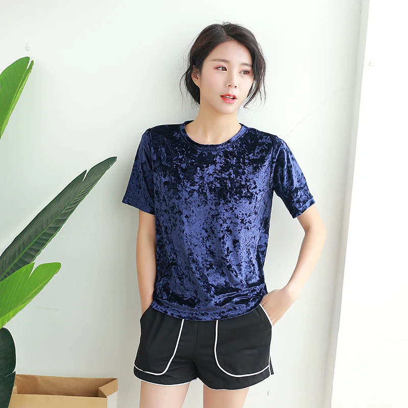 

Good quality women fashion velvet short sleeve t shirt pink black green red woman Korean style casual vintage velour tees tops