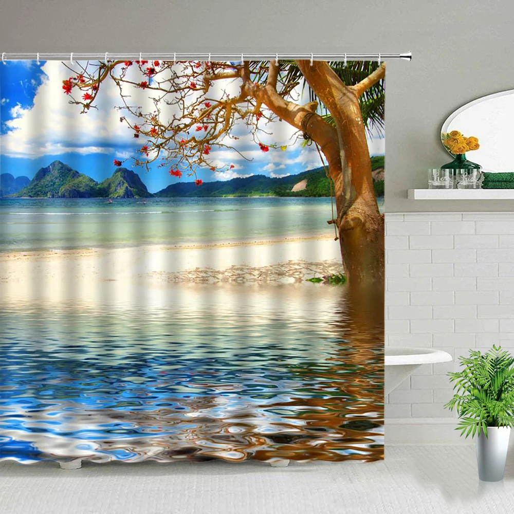 

Ocean Landscape Shower Curtain Sea Cute Dolphin Waterproof Bathroom Curtains with Hooks 3d Printing Polyester Cloth Bath Curtain