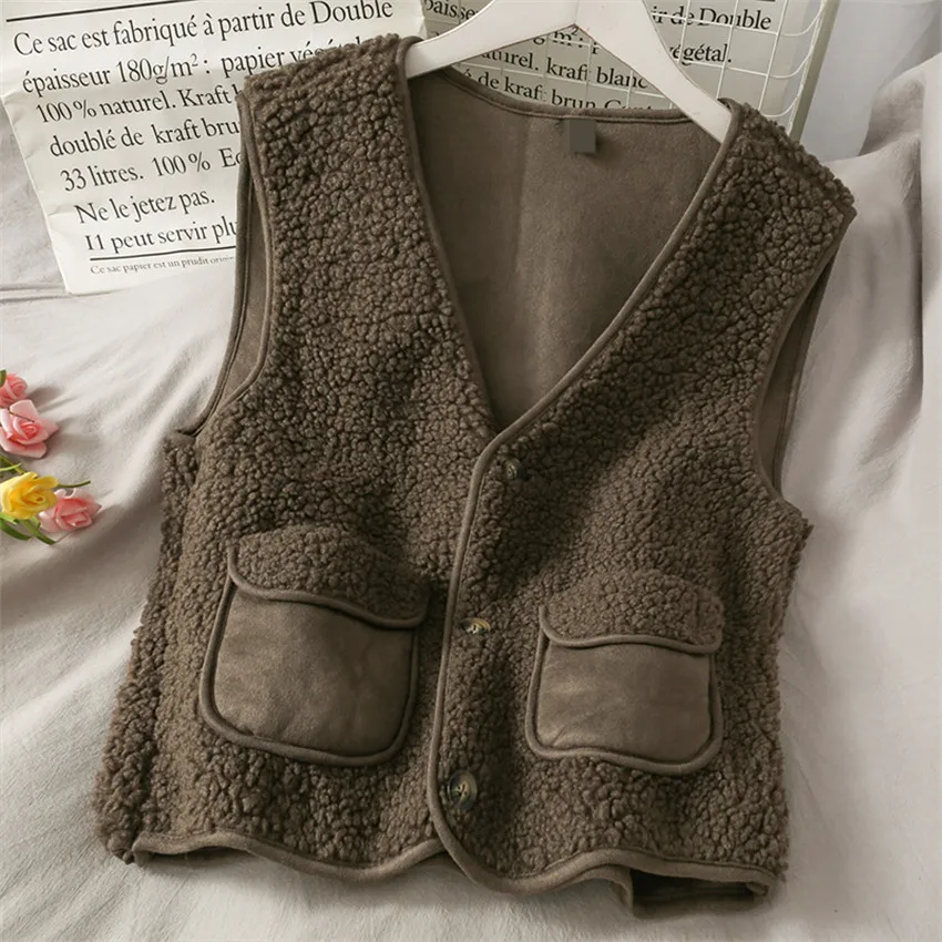 

2021 Winter Vest Jackets Fake Lamb Wool Thicken Warm Waistcoat Women Pockets Outwear Sleeveless Jacket Coat Chalecos Para Mujer