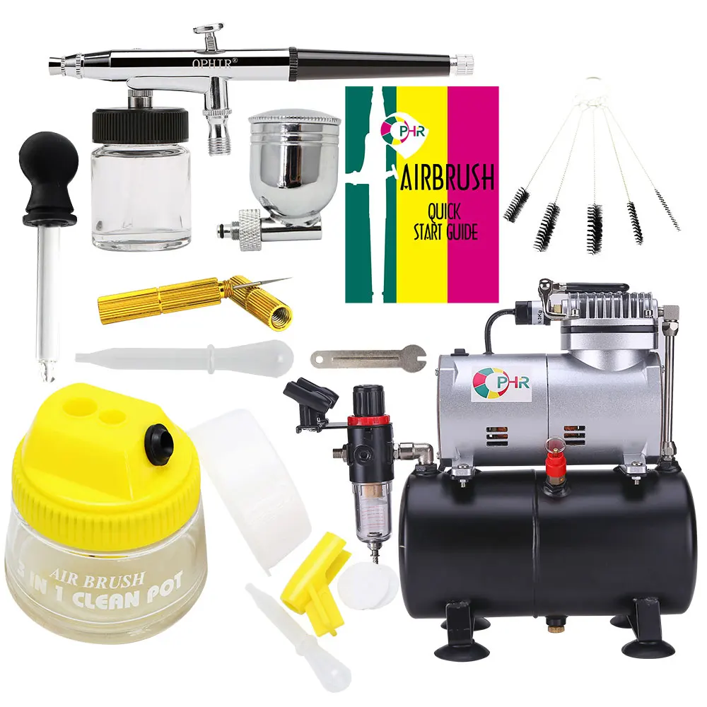 OPHIR 110V 220V Pro Compressor with Tank & Dual Action Air Brush Kit & Cleaning Tools Set for Model Painting Hobby AC090+005