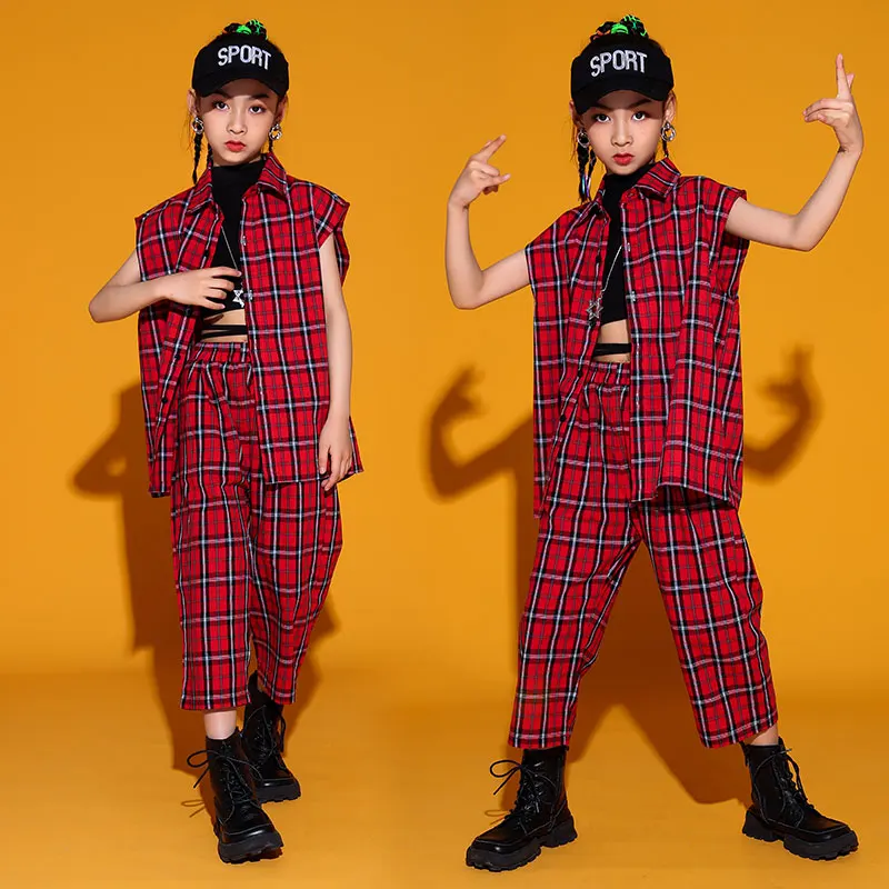 

2021 Girls Jazz Dance Costumes Sleeveless Vest Loose Pantsred Plaid Hiphop Suit Streetwear Modern Dance Hip Hop Clothes 120-170