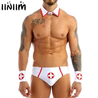 mens lingeire doctor nurse sexy cosplay role play costumes outfit set sexy clubwear briefs with collar and red cross cuff