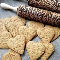christmas embossed rolling pin wood carved cookies biscuit fondant dough baking engraved printed roller holiday rolling stick