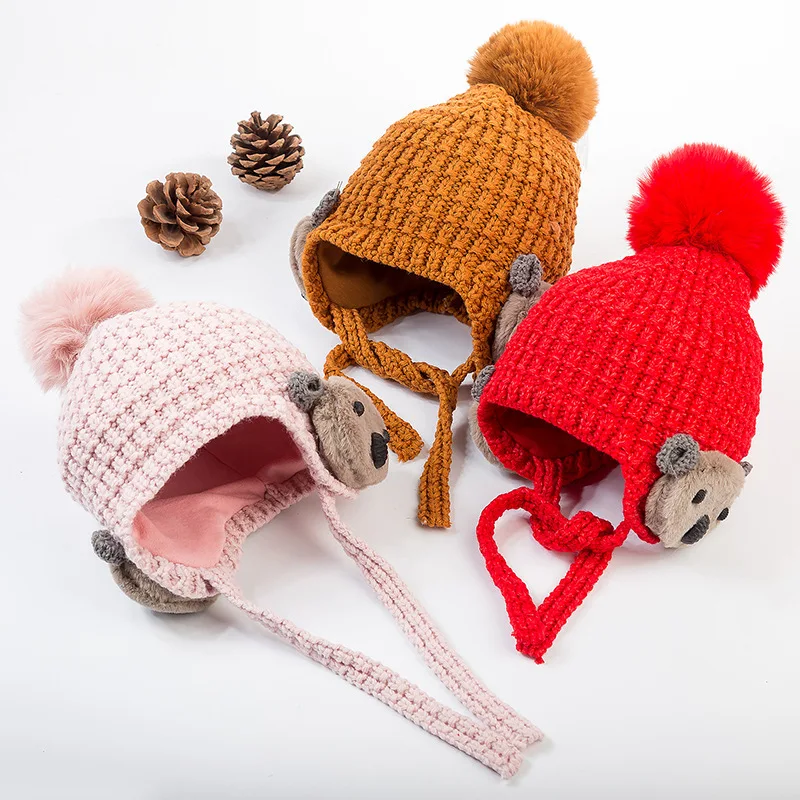 Сезон осень-зима 1 шапки для девочек шерстяные с помпоном медведей маленьких