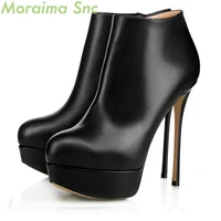 women short boots black leather platform ankle boots side zipper round toe thin high heel new fashion autumn winter woman shoes