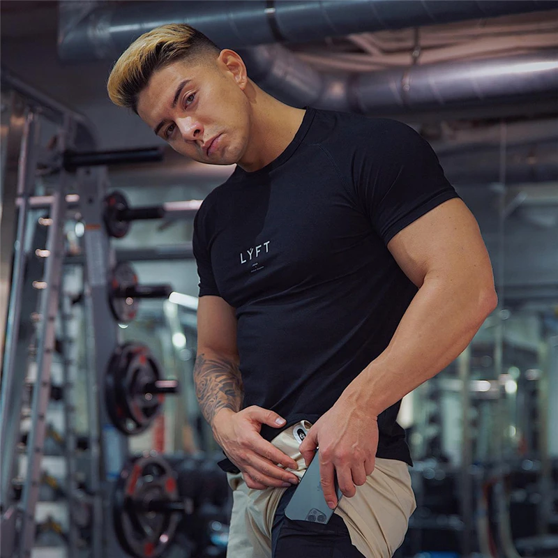 Футболка мужская с коротким рукавом и реглан хлопок облегающий топ для бега