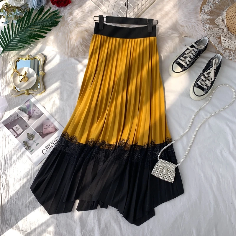 

Spring Autumn 2020 High Waist Irregular Hem Patchwork Skirt Saia Faldas Vintage Lace Hit Color Pleated Long Skirt For Female New