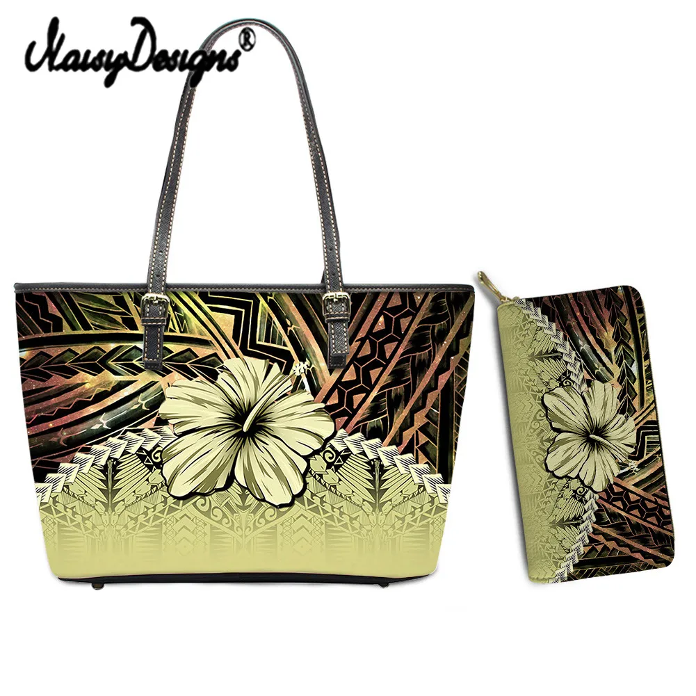 

NOISYDESIGNS Vintage Polynesian Tribal Hibiscus Pattern Fashion Female 2pcs/Set Pu Zip Shoulder Bag with Coin Pocket Purse 2021