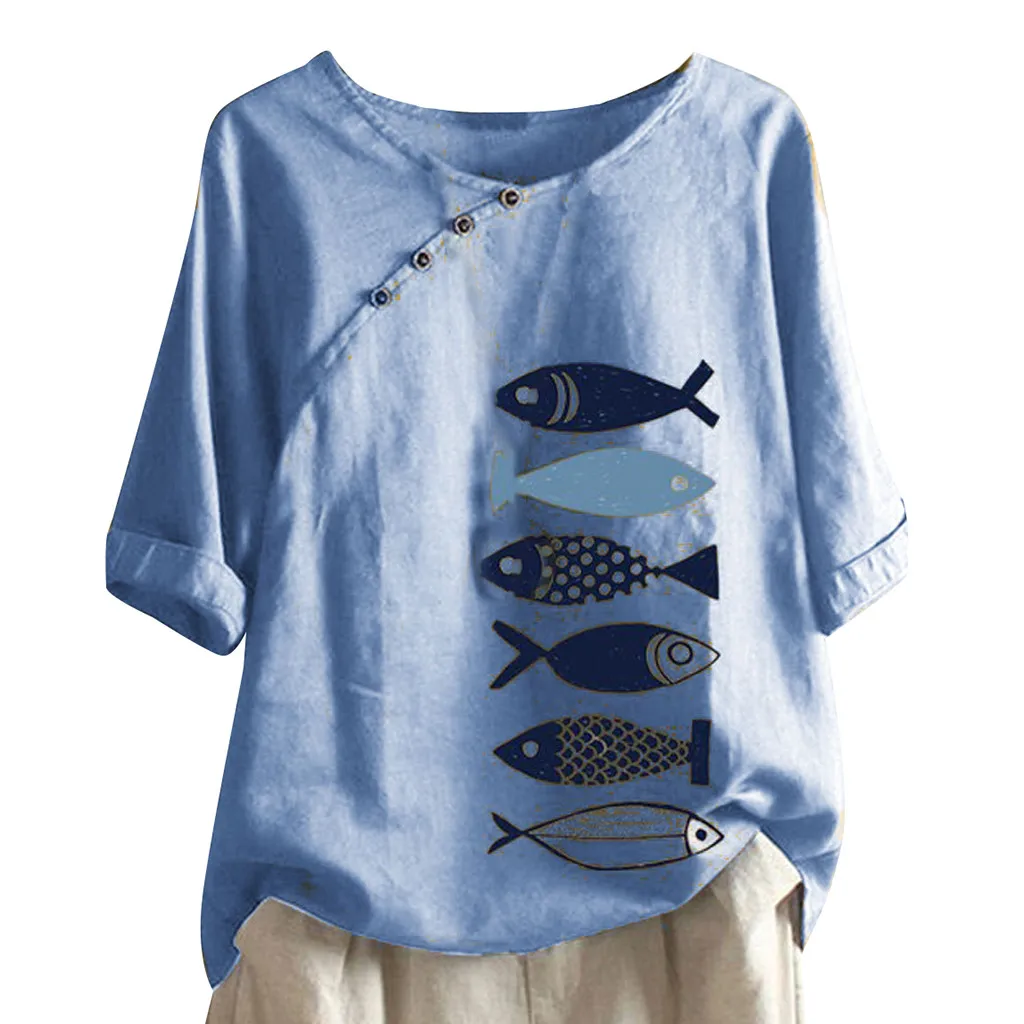Женская футболка с круглым вырезом и принтом рыбы Повседневная Свободная