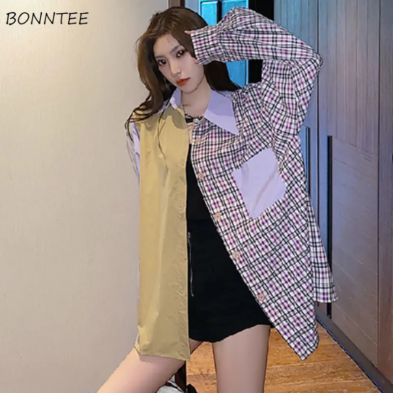 

Shirts Womens Leisure Patchwork Loose Long Sleeve Autumn Student Blouses Stylish Harajuku Street All-match Streetwear Korean Top