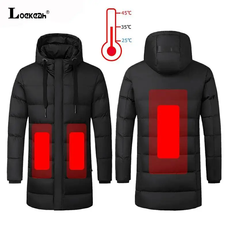 

Men Winter Heated Hiking Jackets Women Warm Hooded Long Coats Outdoor Skiing Climbing Windproof Down Cotton Overcoat Plus Size