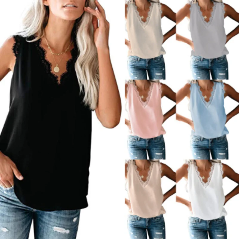 

2021 Women's Summer New Style Solid Color Stitching Lace Edge V-neck Sleeveless Top T Plus Size Chiffon Vest Women's Clothing