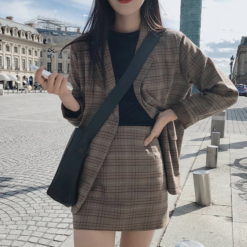 

Women 2 Pieces Skirt Suit Female Office Ladies Blazer Suit Retro Plaid Set Single-Breasted Jacket Pencil Skirts