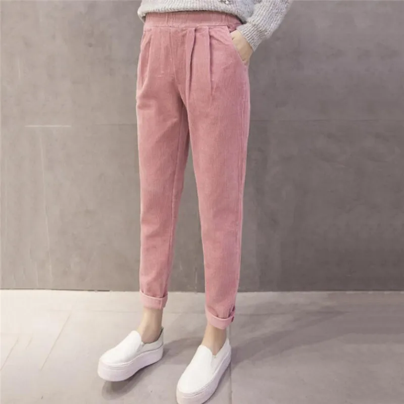 

Autumn Winter Pants Women Trousers Elastic Waist Corduroy Pant Casual Pocket Harem Pants Harajuku Trousers Ladies Pantalon Femme