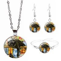 black cat art photo jewelry set cabochon glass pendant necklace earring bracelet totally 4 pcs for womens girl fashion gifts