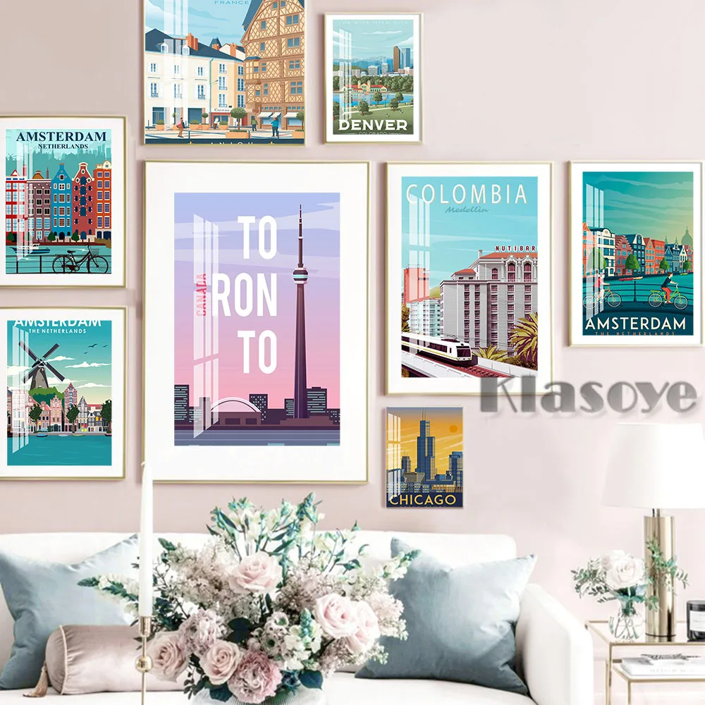 Карта путешествий с города мира постер Амстердам Франция Берлин Холст Картина