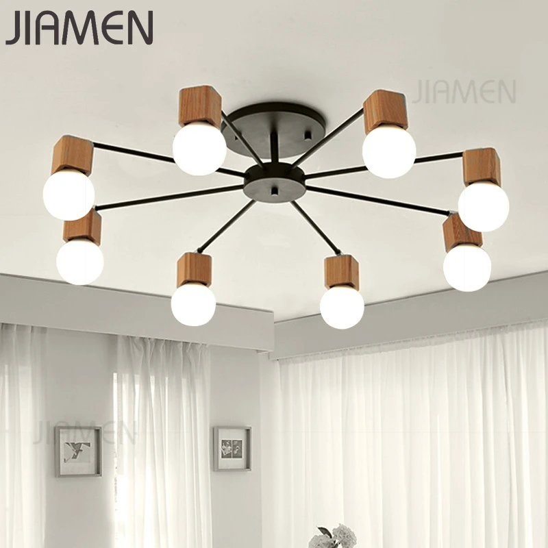 

JIAMEN Modern Iron & Wood Chandelier 3/5/8 Heads Black/White Lights for Home Living Room Bedroom Decor Industrial Loft Fixtures