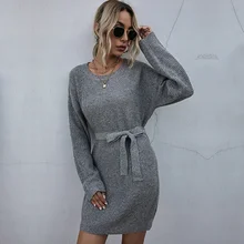 Women Casual Dresses Long Sleeve Knitted Waist Belt Dress Round Neck Elegant Sweater Dresses for Female (4)