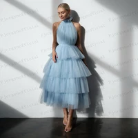 celebrity same style light blue tiered ball formal dresses tiered puffy high neck tulle evening gowns cocktail dressing