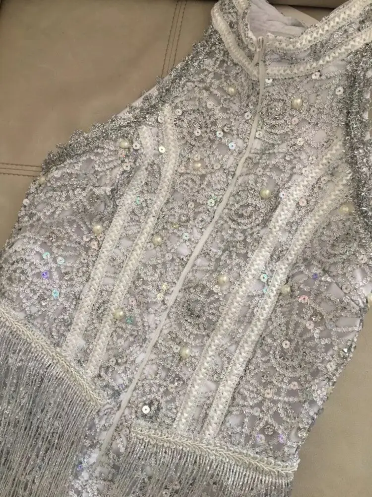 

Silver Tassels Crystals Bodysuits Sexy Sleeveless Fringe Jumpsuit Jazz Dance Bar Nightclub Women DJ Singer Dancer Stage Costume