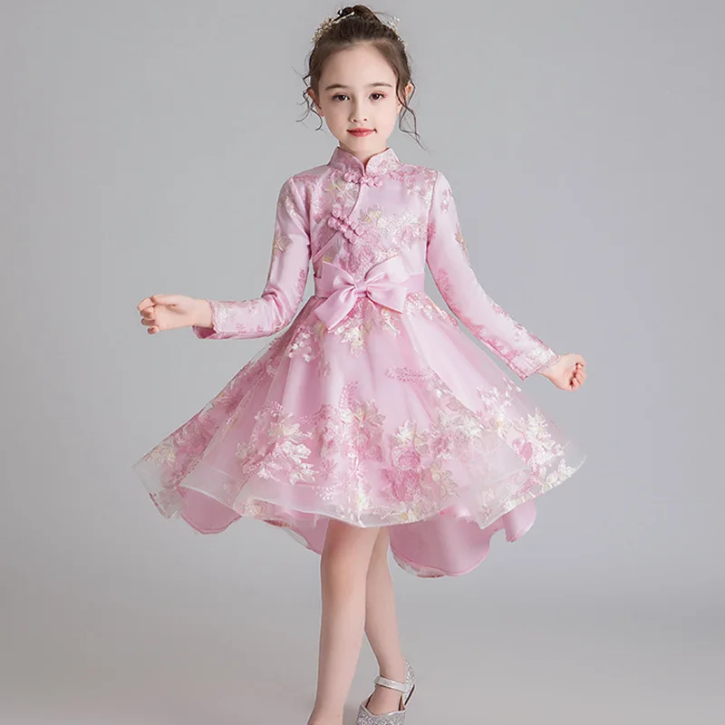 pink Flower Embroidered Long Sleeve Autumn Winter Bow Lace Tutu Girl Princess Dress Costumes Clothes Show Evening Party Dress WG-1210 - Цвет: pink