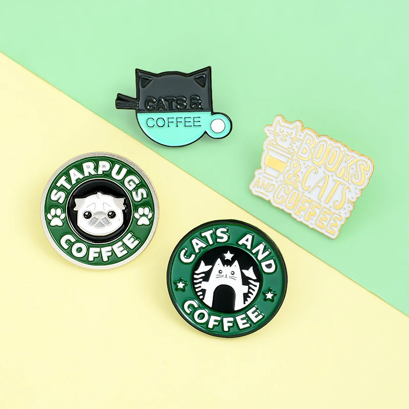 

Cats Coffee Enamel Pin Custom Pug Puppy Cat Cafe Brooches Shirt Badge for Bag Lapel Buckle Cute Animal Jewelry Gift for Friends