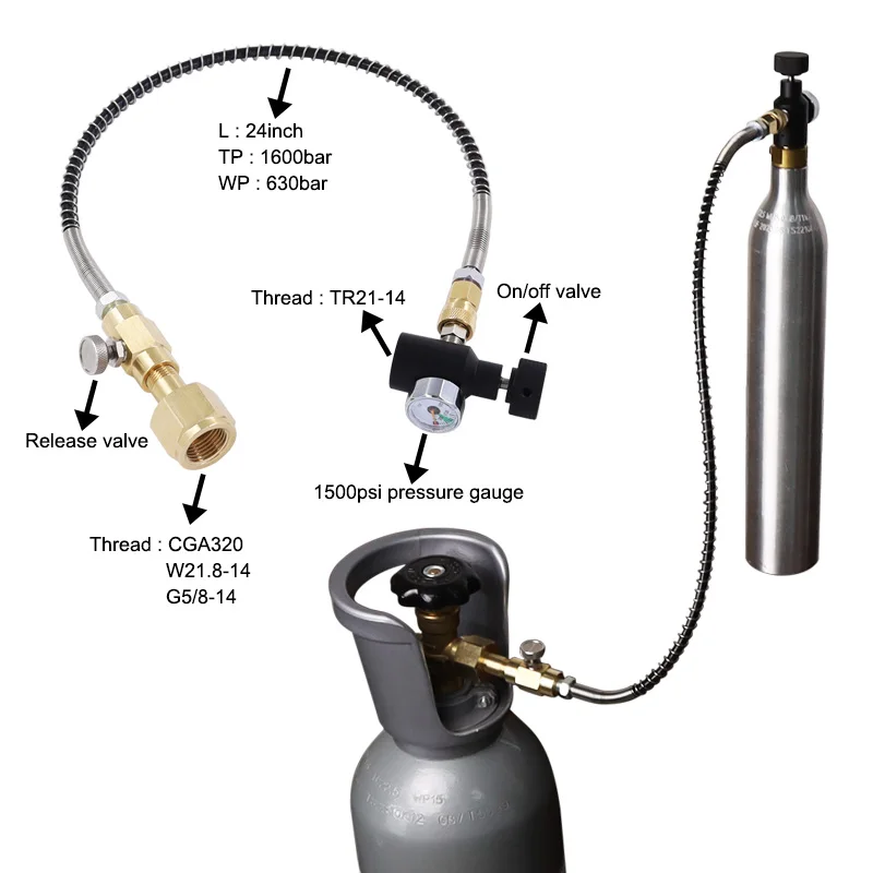 

Paintball PCP Airsoft HPA Big Gas Tank to Small Cylinder 24Inch Gas Filling Kit Air Fill Station Refill Connector Charge Valves