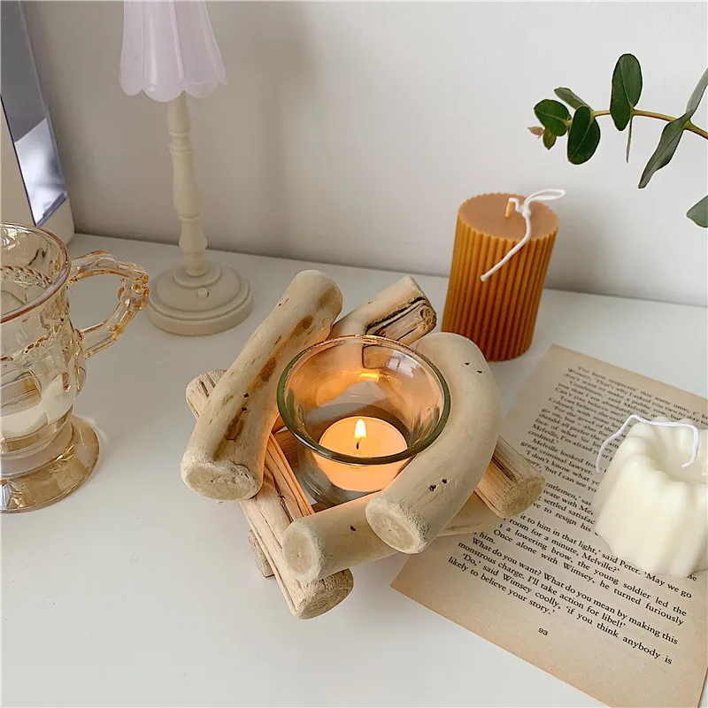 

Pastoral Retro Wooden Candlestick Idyllic Driftwood Glass Candle Holder Stand Home Decor Ornament Wedding Xmas Table Decoration