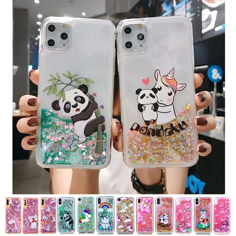 Жидкий чехол для iPhone 11 Pro XS Max X XR 5 с пандой единорогом кошкой блестящим зыбучим