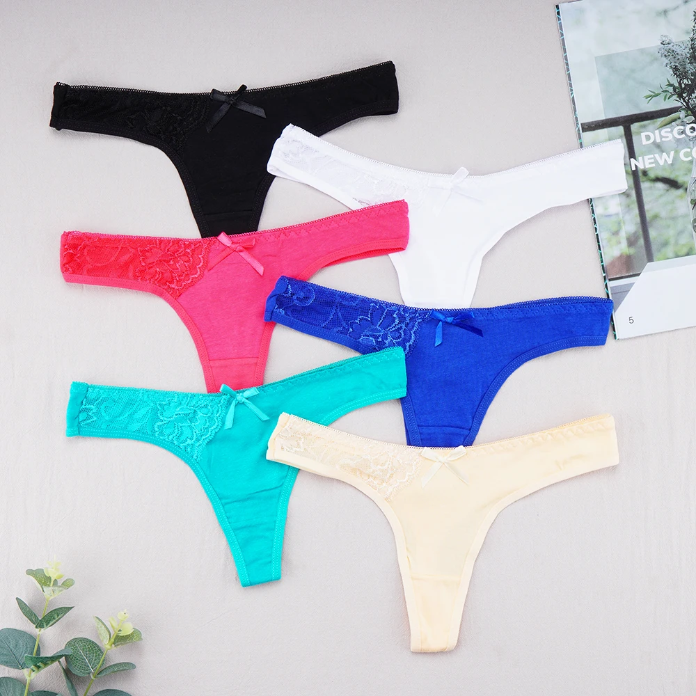 6pcs/lots Women's Cotton G-string Panties Underwear Sexy Lace Thong with Bow Tempting Underpants Soft Intimates Femme Lingerie