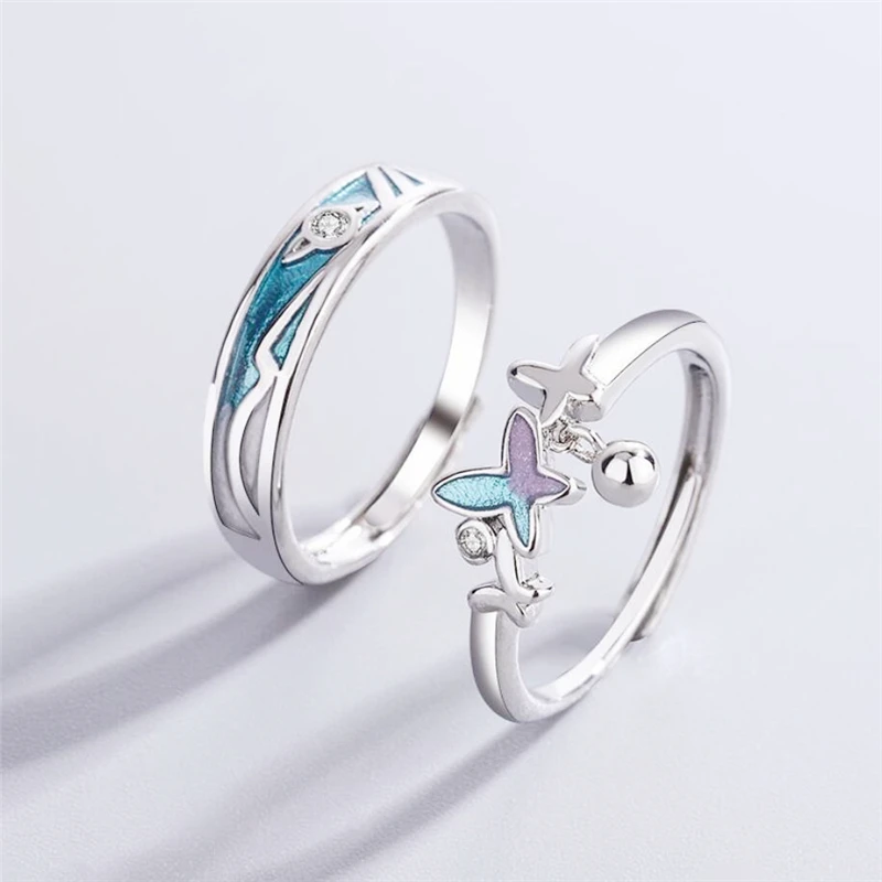 

Elegant Teen Sweet Romantic Cute Drip Glaze Butterfly Couple Ring 925 Silver Color Female Resizable Opening Rings 934