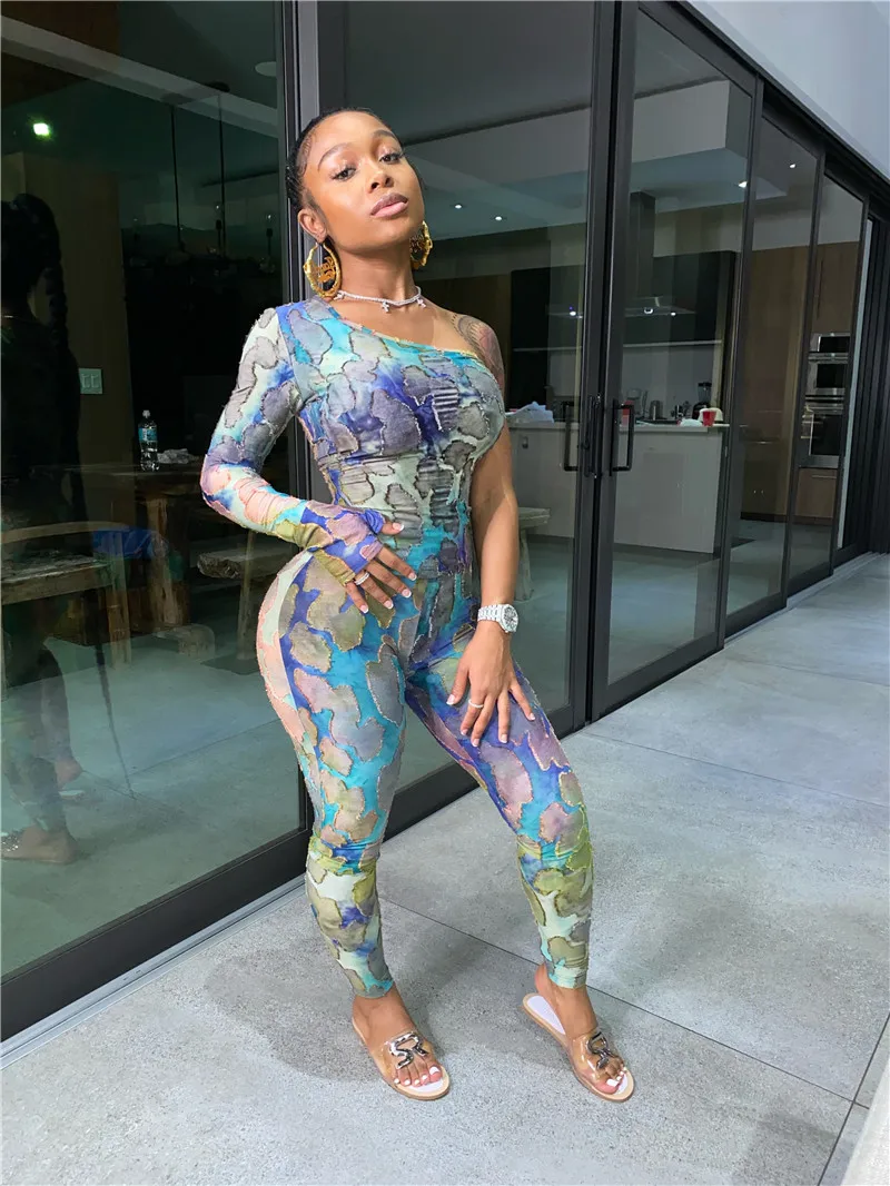 

Tie Dyeing Print 2 Pieces Set Tracktsuit 2020 Sexy Women Off Shoulder Single Sleeve T-shirt Top High Waist Long Pants