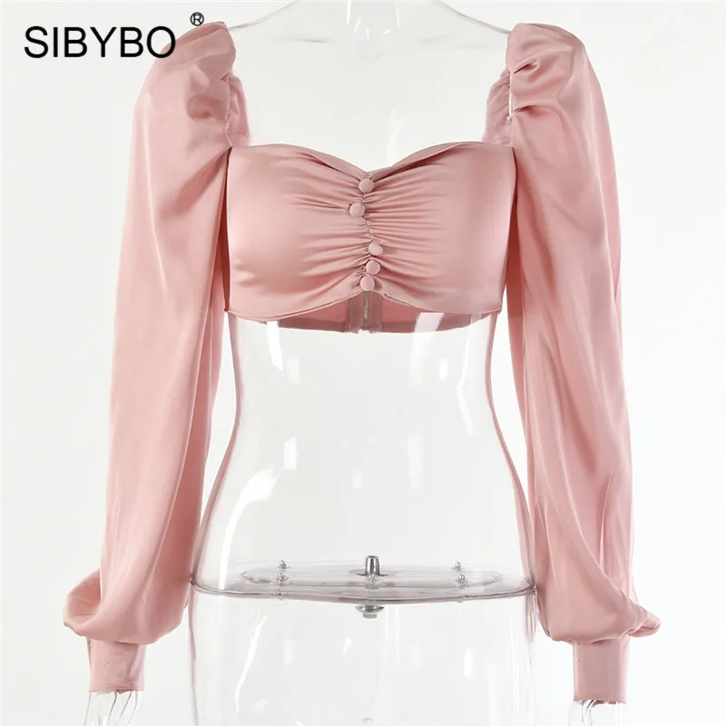 As Shown Sibybo, плиссированный сексуальный укороченный Топ без бретелек, женская мода, длинный рукав, пуговицы, тонкая женская футболка, однотонная, открытая спина, повседневные женские топы - Цвет: As Shown
