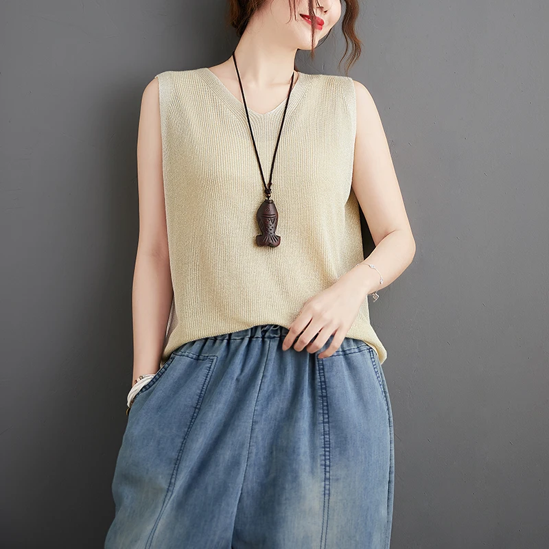 Жилет женский однотонный тонкий трикотажный топ без рукавов с V-образным вырезом