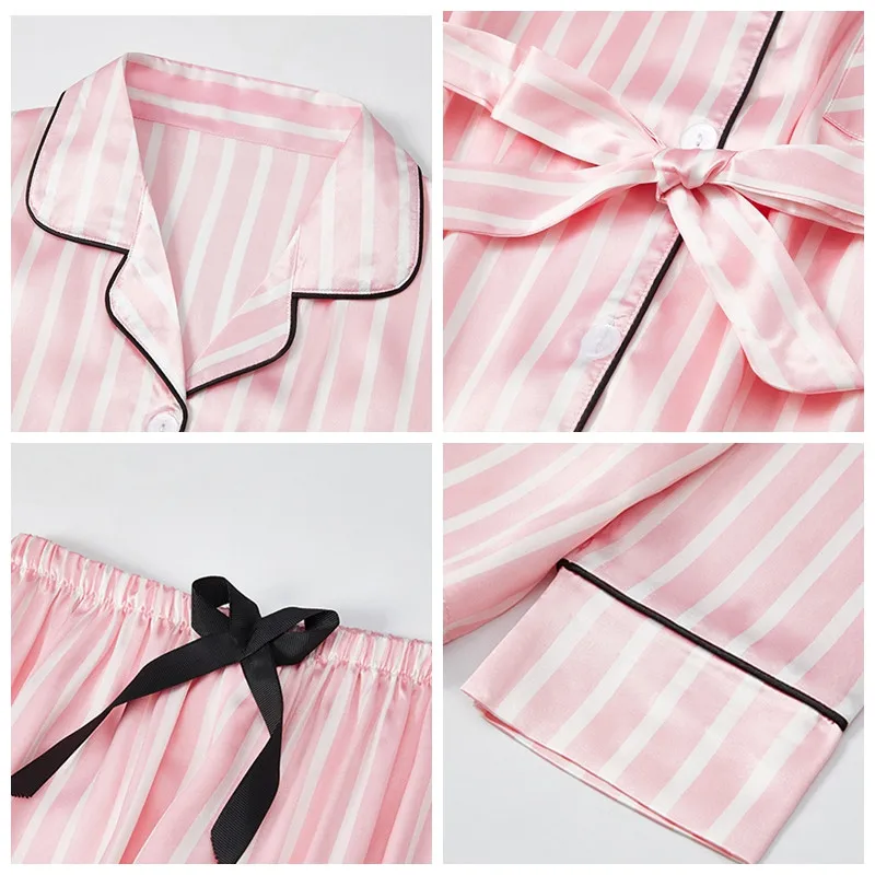 

JULY'S SONG 2020 New Faux Silk Women Pajamas Set 2 Pieces Satin Stripes Polka Dot Printed Sleepwear Long Sleeves Autumn Homewear