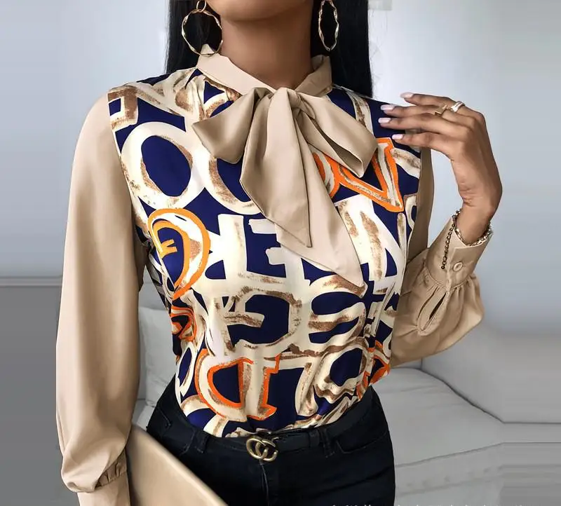 

Scarf Neck Top Blouses Women Letter Pattern Print Lantern Sleeve Shirt Elegant Office Lady Shirt