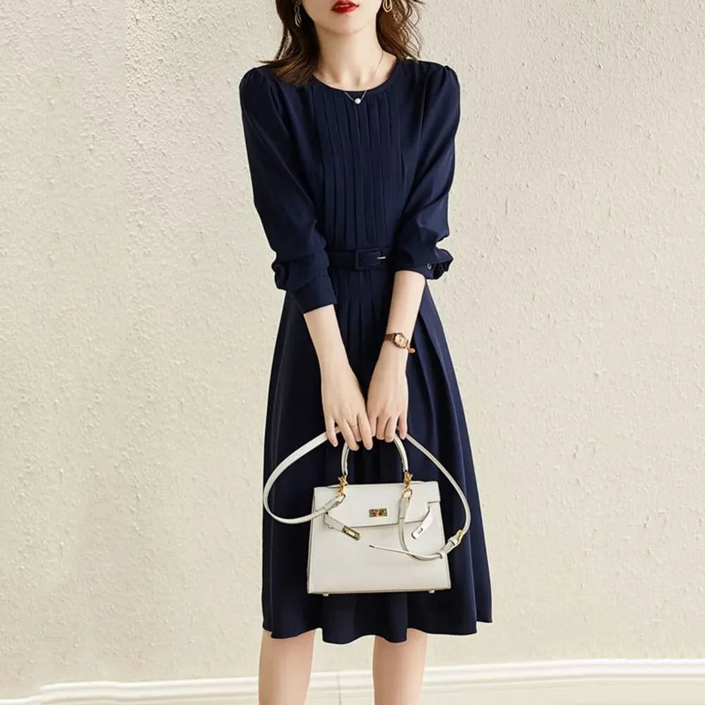 Элегантные платья для женщин Осеннее японское однотонное ТРАПЕЦИЕВИДНОЕ ПЛАТЬЕ