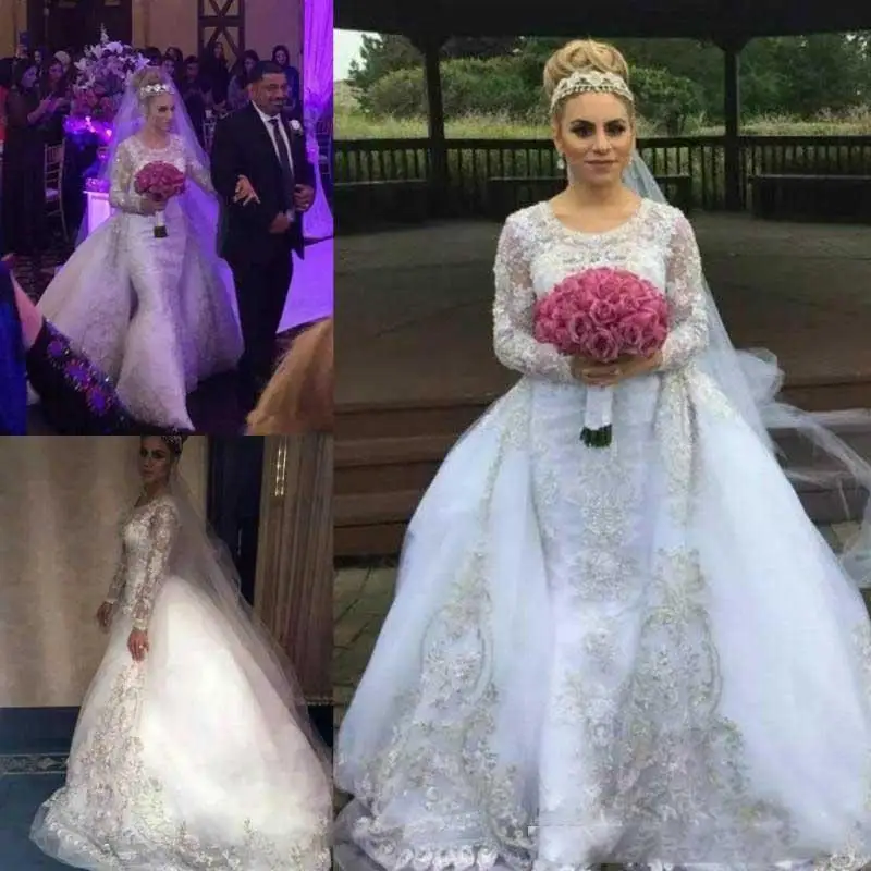 

Beads Crystal Overskirt Wedding Dresses detachable train Saudi Arabia Country African Custom Vestido de novia Formal Bridal Gown