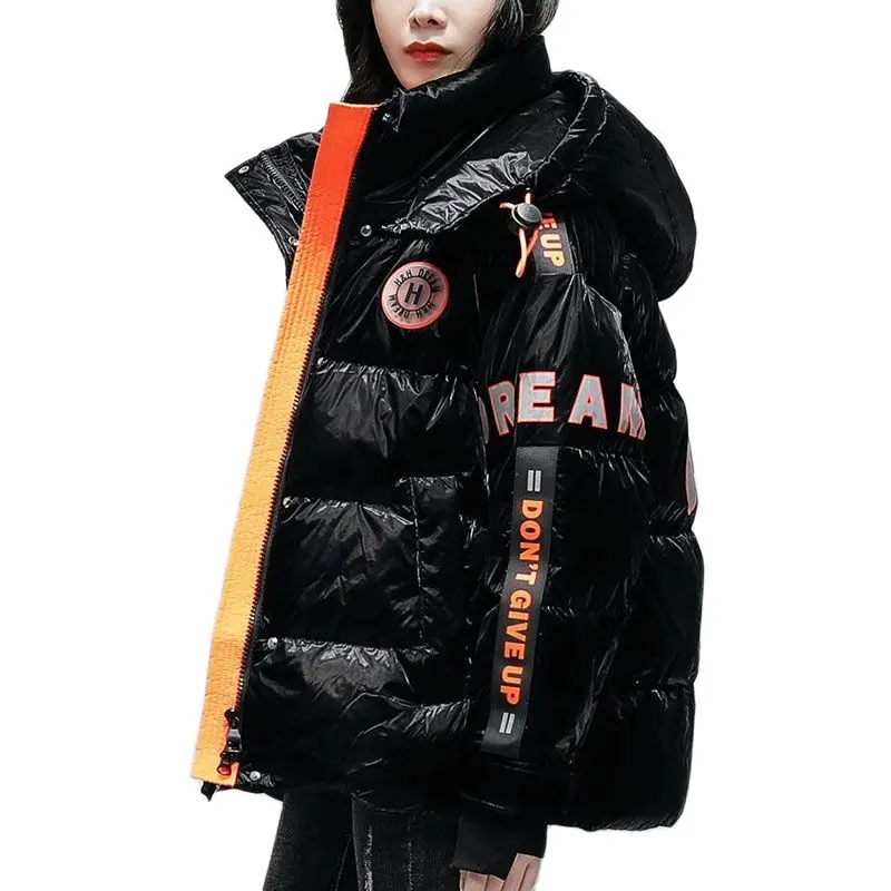 

Glossy Letter Printing Short Women's Jackets Winter Clothes 2022 Plus Size Loose Hooded Jacket Women Fashion Casual Female Coat