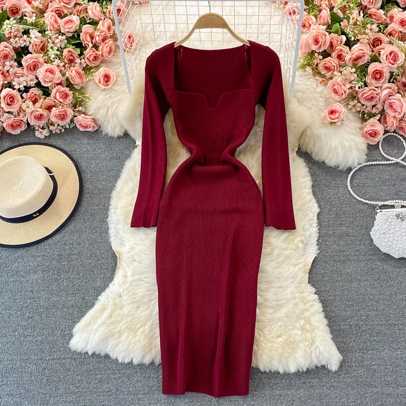 

Женское трикотажное платье-свитер, Красное трикотажное платье с квадратным вырезом и французским набедренным запахом в стиле Хепберн, Осен...