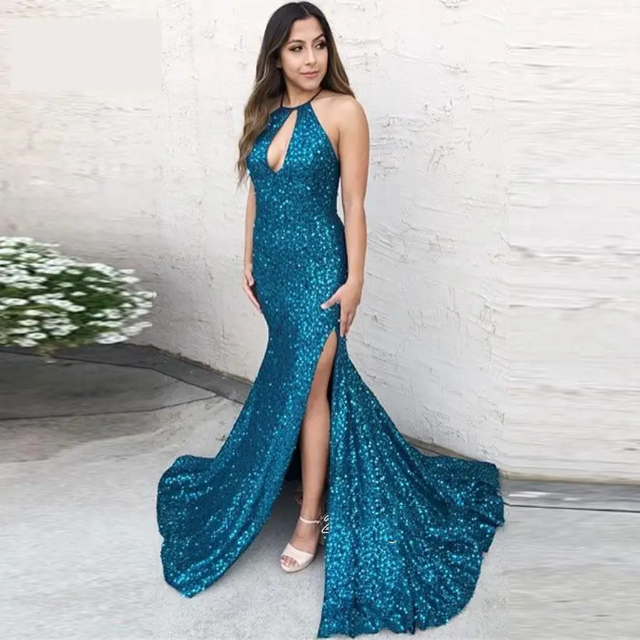 

Sexy Shiny Sequined Sleeveless Mermaid Prom Dresses Halter Side Split Long Prom Gowns Vestido Formatura Formal Sparkly Dress