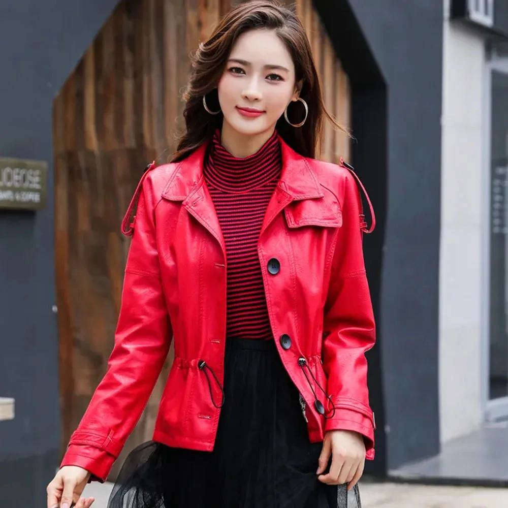 

2021 Summer High Quality Black PU Leather Loose Lapel Button Drawstring Single-breasted Fashion Casual Women All-match Jacket